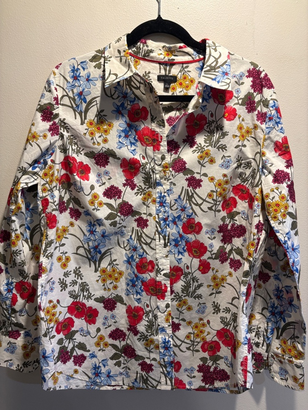 Talbots White Floral Button-Down Blouse Large Boho Cottagecore RedYellow Flowers